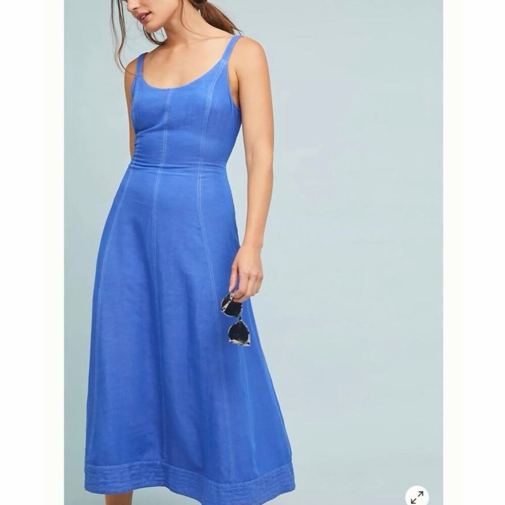 Maeve Anthropologie Elseby Lace Up Maxi Dress Blue Linen Blend Size Large
